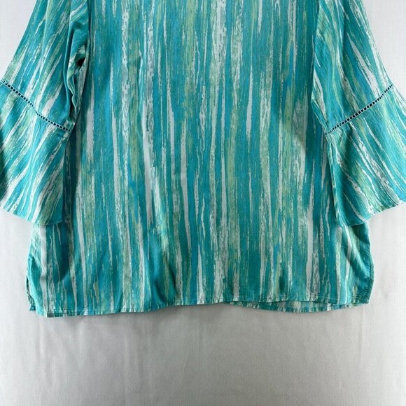 Gloria Vanderbilt Top Size L Stripe Tunic Blouse 3/4 Bell Sleeve Viscose Blue - Picture 6 of 11